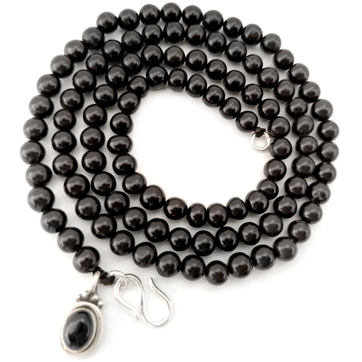 Natural Black Agate - Hakik Stone Beads Wrist Mala Bracelet with Black Onyx Silver Pendant | Original 108 Smooth Round Hakik Beads Bracelet with Silver Hook