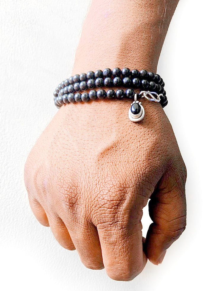 Natural Black Agate - Hakik Stone Beads Wrist Mala Bracelet with Black Onyx Silver Pendant | Original 108 Smooth Round Hakik Beads Bracelet with Silver Hook