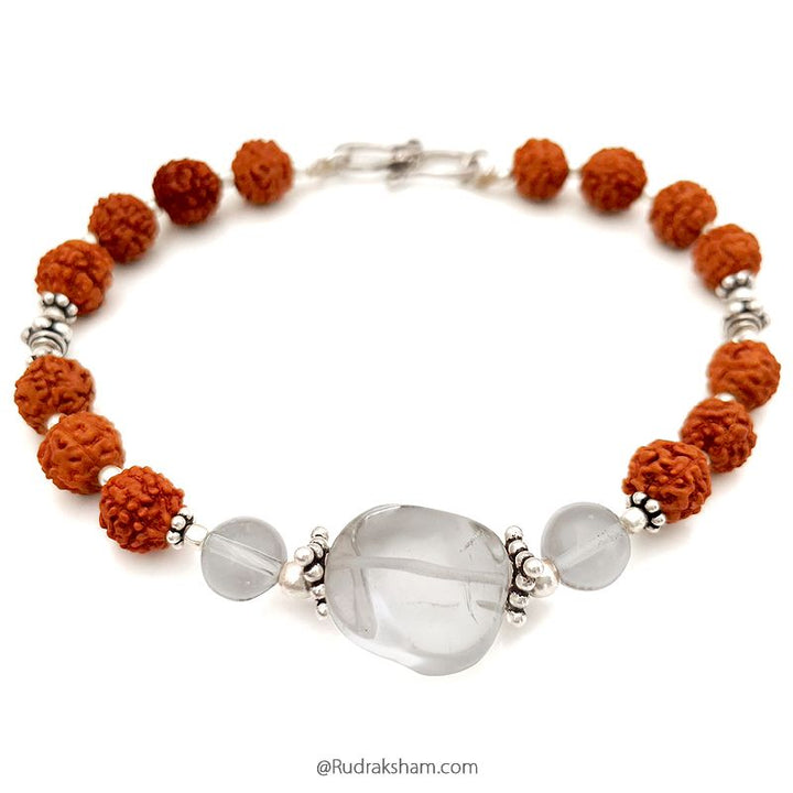 Sphatik Crystal Quartz Gemstone beads Bracelet with Rudraksha Beads and Silver Accessories - 1