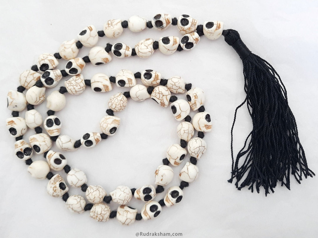 Narmund Mala - Black Eye Skull Rosary Skull Mala | Kali Mala Necklace | Mund Mala 54 + 1 Beads in black Thread with black tassel