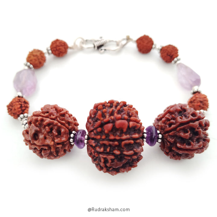  7 Mukhi Rudraksha and 11 Mukhi Rudraksha Bead with Amethyst Gemstone Beads in Silver | Energised Bracelet