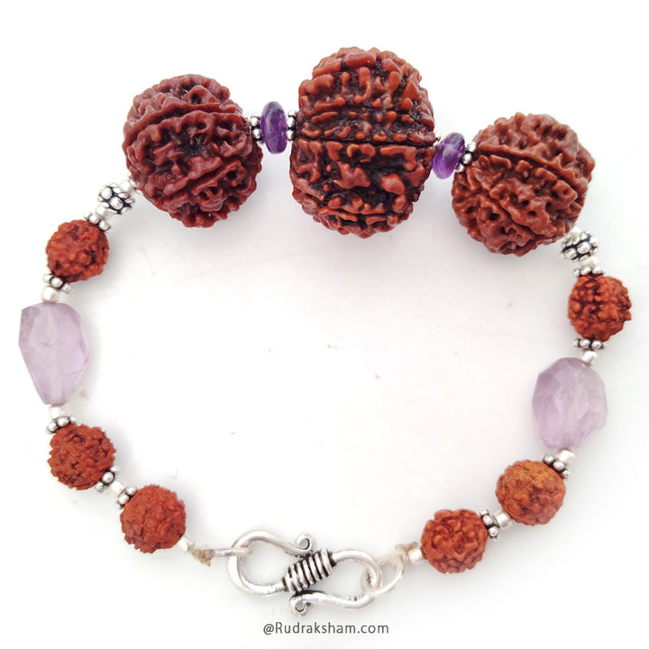 Capricorn Zodiac Sun Sign Bracelet |  Makar Rashi Bracelet | A Combination of 6 Mukhi Rudraksha, 7 Mukhi Rudraksha and 11 Mukhi Rudraksha Bead with Amethyst Gemstone Beads in Silver | Energised Bracelet