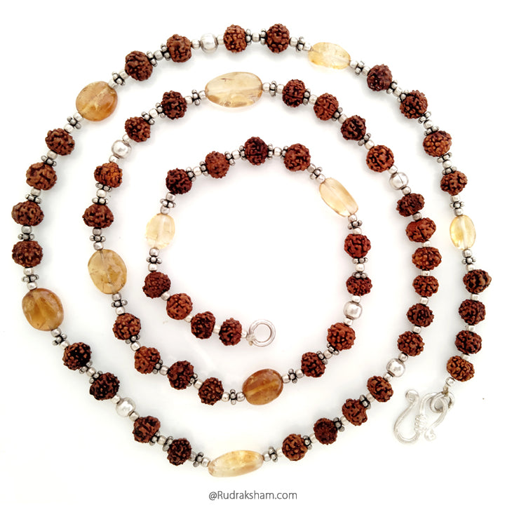  Jupiter Mala / Guru Mala / Rudraksha Beads - Golden Topaz Gemstone Beads Combination Mala Rosary, Vrihaspati / Brihaspati Mala Necklace with silver accessories