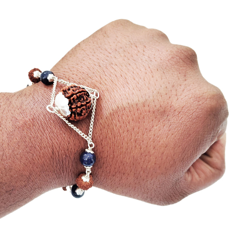 7 Mukhi Rudraksha and Lapis Lazuli Silver Bracelet | Seven Mukhi Rudraksha Beads Silver Bracelet | Saat Mukhi Rudraksha & Lapis Lazuli Beads wrist Bracelet with Silver Caps