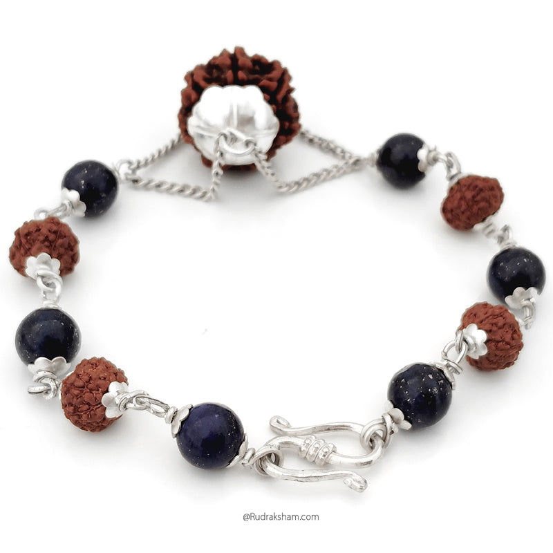7 Mukhi Rudraksha and Lapis Lazuli Silver Bracelet | Seven Mukhi Rudraksha Beads Silver Bracelet | Saat Mukhi Rudraksha & Lapis Lazuli Beads wrist Bracelet with Silver Caps