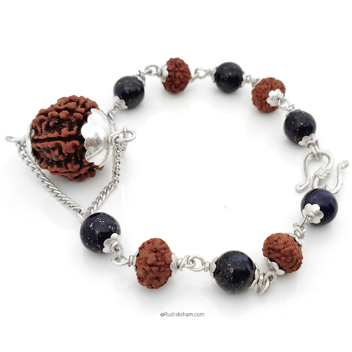 7 Mukhi Rudraksha and Lapis Lazuli Silver Bracelet | Seven Mukhi Rudraksha Beads Silver Bracelet | Saat Mukhi Rudraksha & Lapis Lazuli Beads wrist Bracelet with Silver Caps