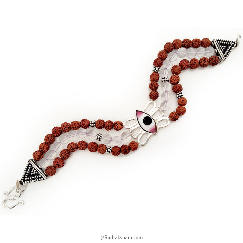 Shiva Trinetra Rudraksha - Sphatik Bracelet,  Third Eye Rudraksha Crystal / Quartz Beads Triple Bracelet, Triple strand Bracelet with Silver accessories, Designer Bracelet