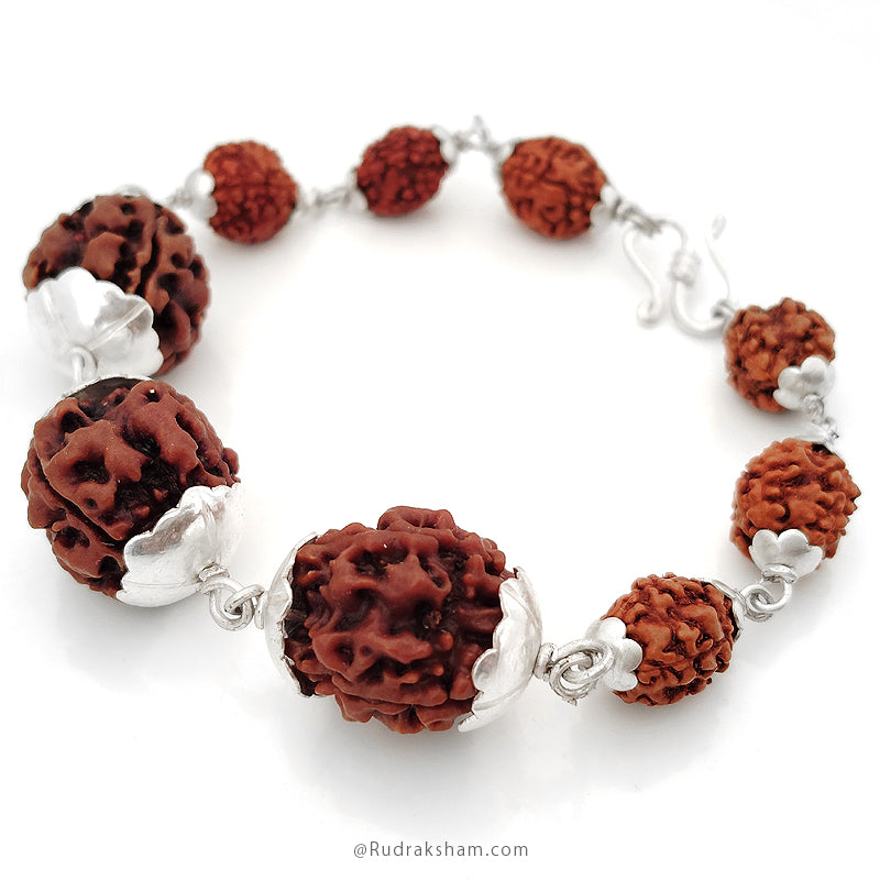4 Mukhi Power Bracelet | 4 Mukhi Rudraksha mala Bracelet in Silver | Four / Char Mukhi Nepal Rudraksha Beads Bracelet with Silver Caps and Links | Energised 4 Mukhi