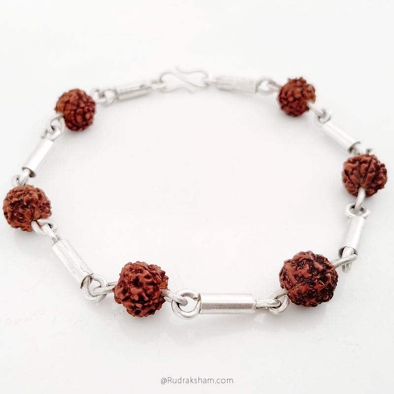 Rudraksha Silver Pipe Bracelet  | 5 Mukhi Java Rudraksha 9 mm Beads Silver Bracelet | Designer Bracelet for Men and Women | Five ( Panch ) Mukhi Wrist Mala Bracelet 