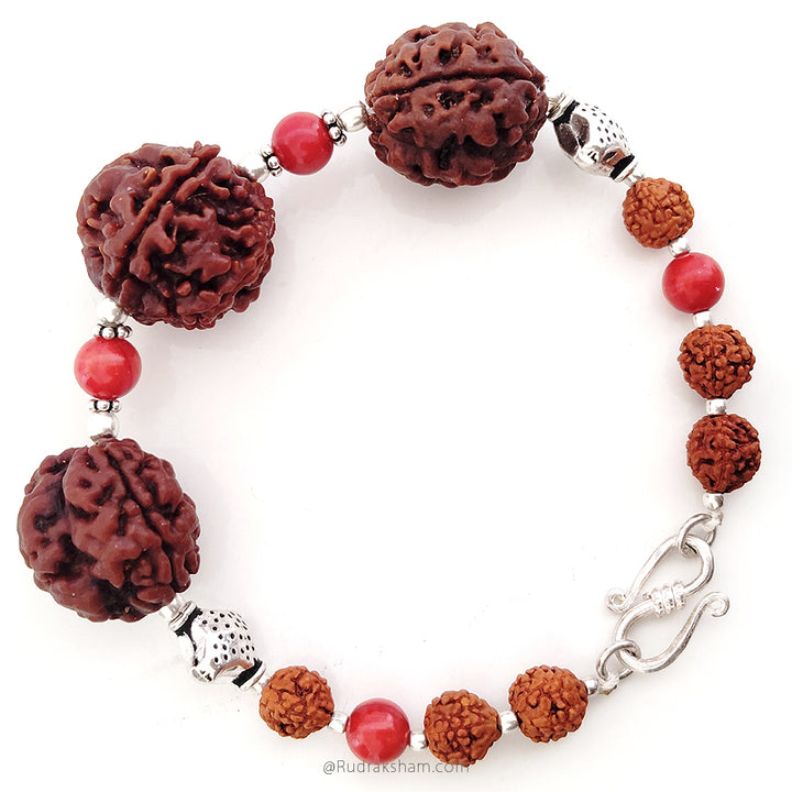 Aries Zodiac Sun Sign Bracelet | Mesha (Mesh) Rashi Bracelet | A Combination of 3 Mukhi Rudraksha and 5 Mukhi Rudraksha with Coral Gemstone Beads in Silver | Energised Bracelet
