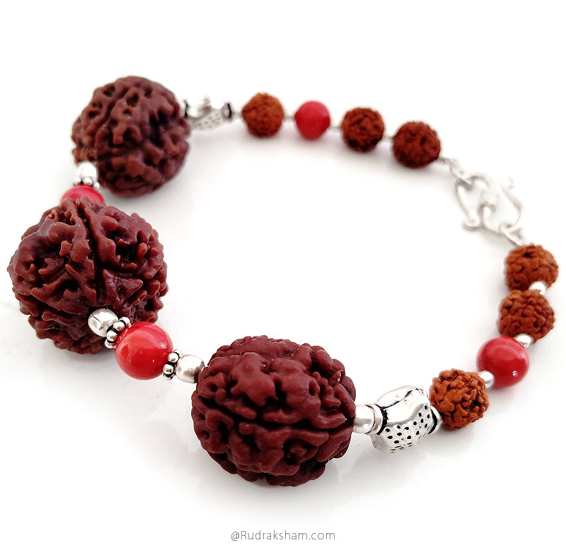  Aries Zodiac Sun Sign Bracelet | Mesha ( Mesh ) Rashi Bracelet | A Combination of 3 Mukhi Rudraksha and 5 Mukhi Rudraksha with Coral Gemstone Beads in Silver | Energised Bracelet