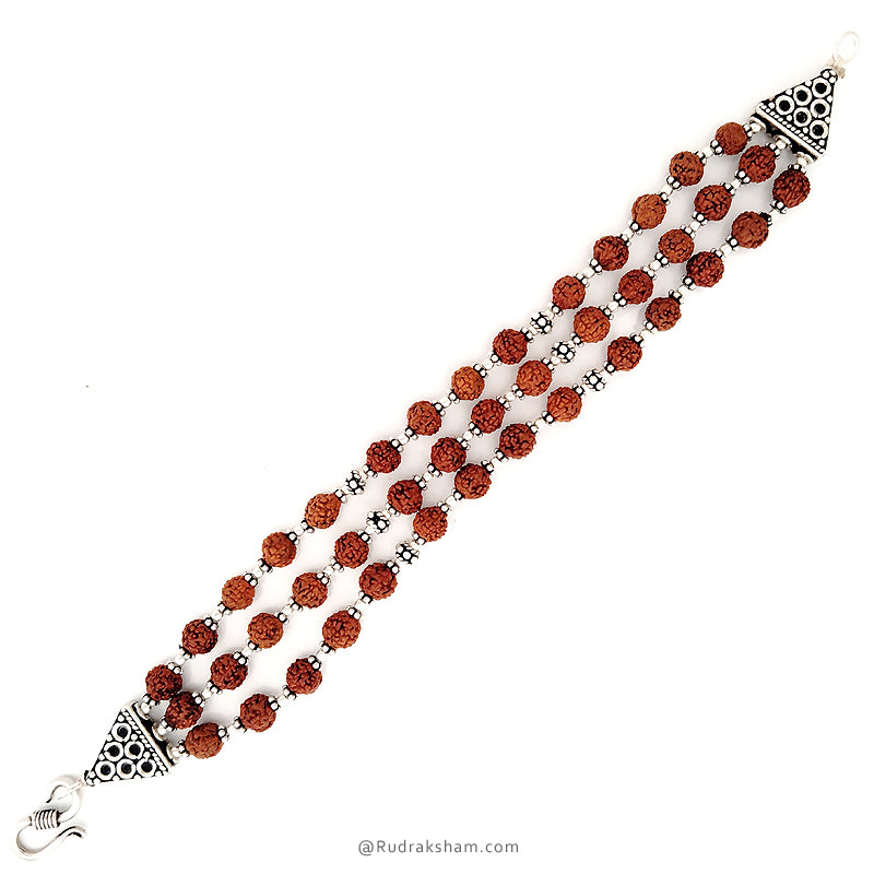  5 Mukhi Rudraksha Triple strand Bracelet with Silver accessories