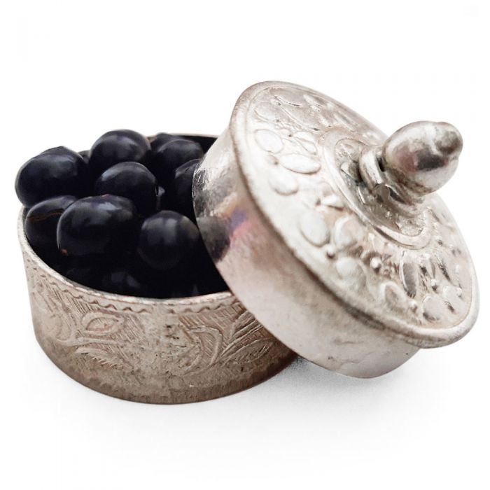 Black Chirmi Beads in Copper Box Engraved With Silver Polish, Black Gunja Seeds, Kaali Gunja Beads 21 beads in box, To remove Black Magic & Evil, Bring Good Luck and Wealth