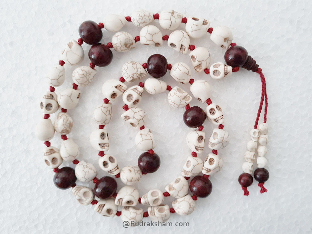 Narmund - Skull Beads and Red Sandalwood Beads Mala Rosary | Mund Mala with Chandan Beads | Skull Necklace
