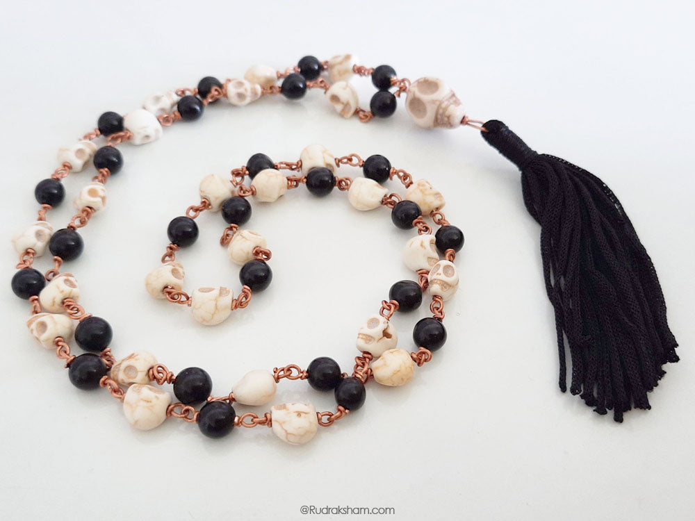 Original Kali Hakik and Mund ( Narmund ) Mala Necklace in Copper wire | Natural Black Agate with Skull Beads Rosary 54+1 Beads In Copper