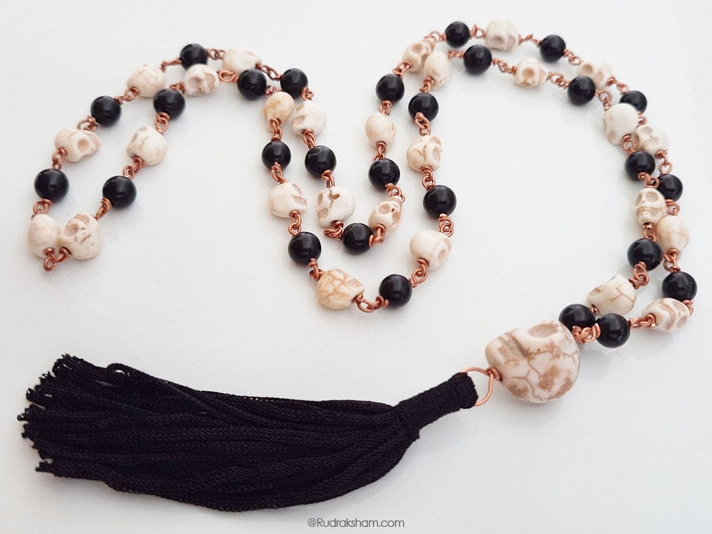 Original Kali Hakik and Mund ( Narmund ) Mala Necklace in Copper wire | Natural Black Agate with Skull Beads Rosary 54+1 Beads In Copper