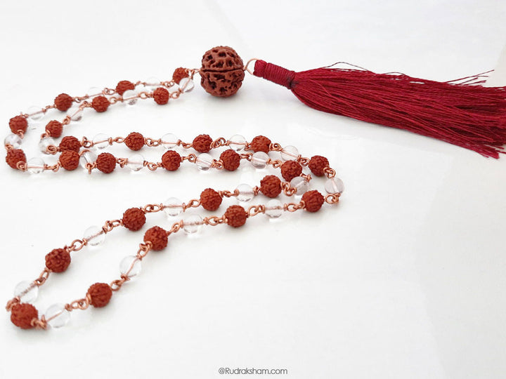 6mm Rudraksha Sphatik Mala | Rudraksha Crystal Beads Combination Mala Necklace For Planet Venus | Rudraksha Sphatik Mala Rosary In Copper