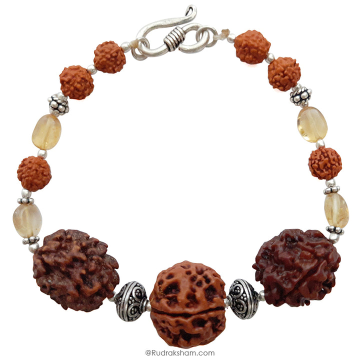 Scorpio Zodiac Sun Sign Bracelet | Vrishchik ( Vrischika ) Rashi Bracelet | A Combination of 2 Mukhi Rudraksha, 3 Mukhi Rudraksha and 5 Mukhi Rudraksha with Golden Topaz Gemstone Beads in Silver | Energised Bracelet