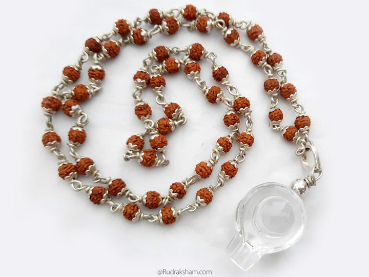 54 Rudraksha Beads silver Mala with Sphatik / Crystal Shivling Pendant Necklace | 5 mm Rudraksha Beads in silver caps and links