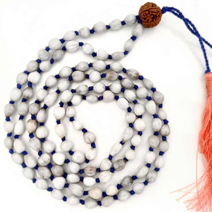 White Vaijanti Beads Japa Mala 108 Beads with 5 ( Panch, Five ) Mukhi Rudraksha Guru bead | Job's Tears Vaijanti Beads Hand knotted Krishna Japa Mala with Twin Tassel