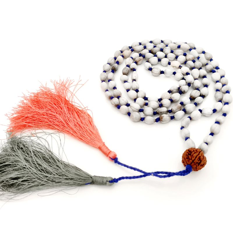 White Vaijanti Beads Japa Mala 108 Beads with 5 ( Panch, Five ) Mukhi Rudraksha Guru bead | Job's Tears Vaijanti Beads Hand knotted Krishna Japa Mala with Twin Tassel