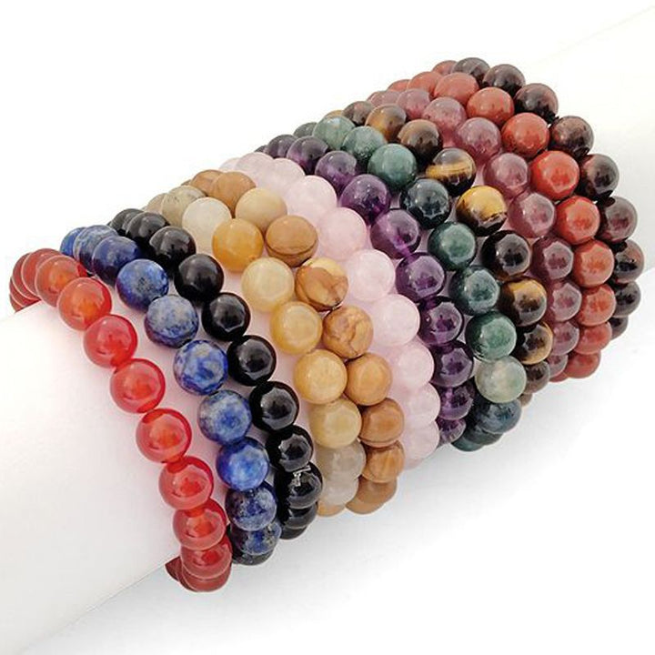 Gemstone Bracelet In Elastic Set of 12 Different Gemstone Beads Rose Quartz | Red Jasper | Amethyst | Yellow Aventurine | Black Tourmaline | Tigers Eye | Black Agate | Carnelian | Lapis Lazuli | Moss Agate | Pink Tourmaline | Red Tiger Eye Bracelet