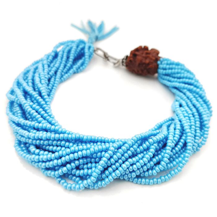 2 Mukhi Rudraksha with Sky Blue Seed Beads Bracelet, Do Mukhi Rudraksha Mala Bracelet with Seed Beads, Original Two Mukhi Indian Rudraksha