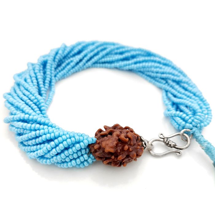2 Mukhi Rudraksha with Sky Blue Seed Beads Bracelet, Do Mukhi Rudraksha Mala Bracelet with Seed Beads, Original Two Mukhi Indian Rudraksha