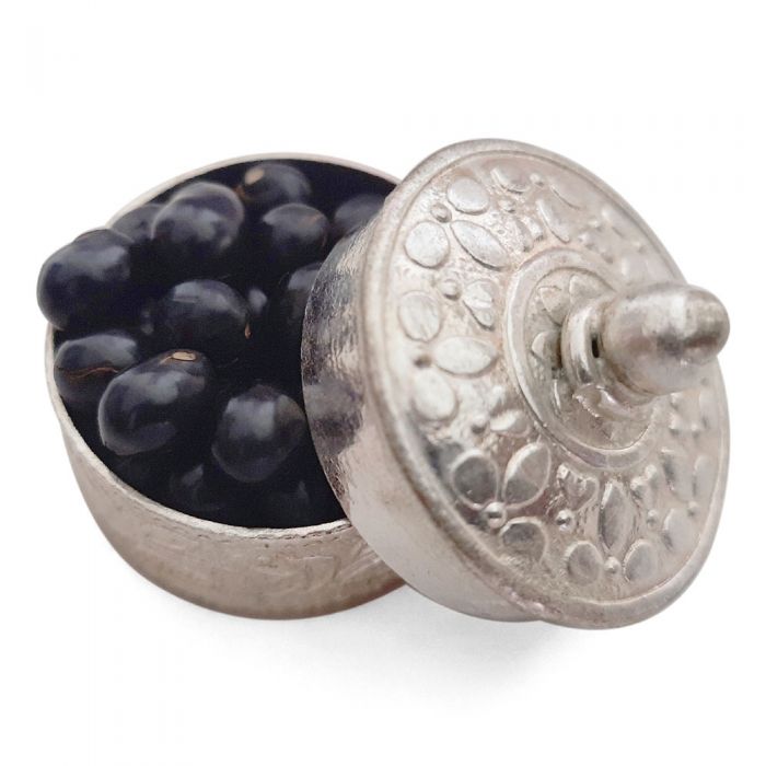 Black Chirmi Beads in Copper Box Engraved With Silver Polish, Black Gunja Seeds, Kaali Gunja Beads 21 beads in box, To remove Black Magic & Evil, Bring Good Luck and Wealth