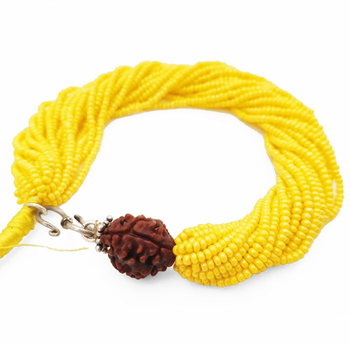 3 Mukhi Rudraksha with Yellow Seed Beads Bracelet, Teen Mukhi Rudraksha Mala Bracelet with Seed Beads, Original 3 Mukhi Nepal Rudraksha