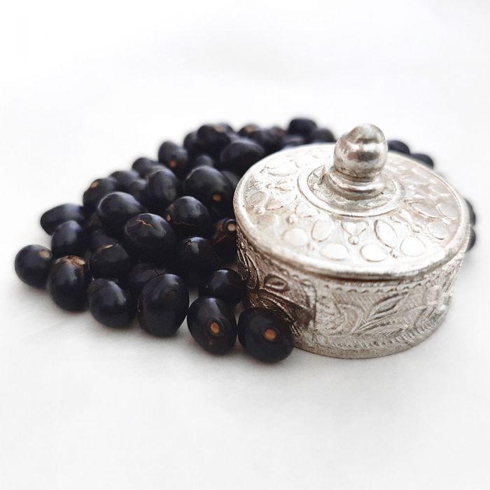 Black Chirmi Beads in Copper Box Engraved With Silver Polish, Black Gunja Seeds, Kaali Gunja Beads 21 beads in box, To remove Black Magic & Evil, Bring Good Luck and Wealth