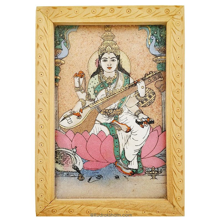Maa Saraswati Gemstone Paintings | Rajasthani Gem Stone Picture with Wooden Frame