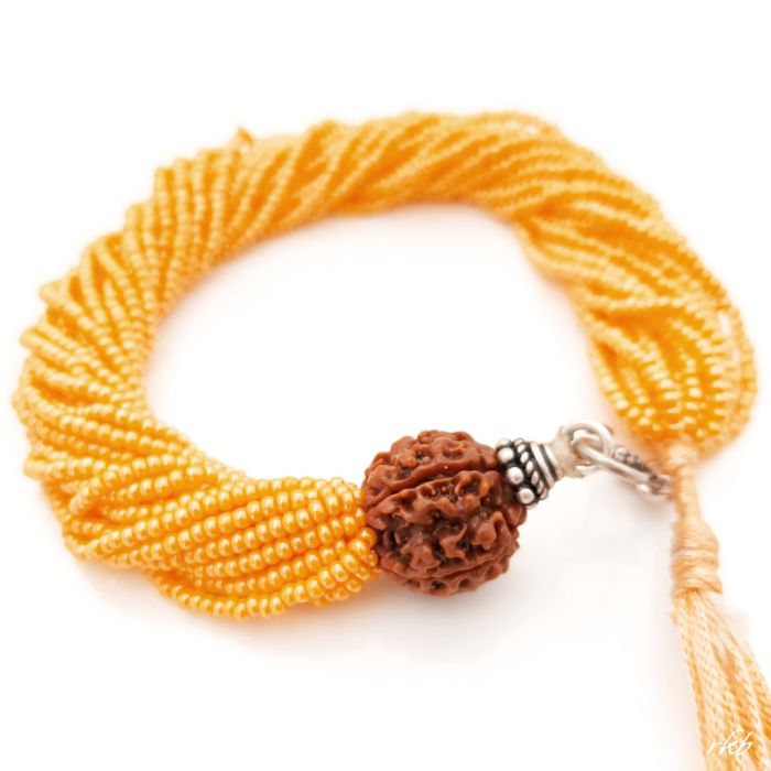 4 Mukhi Rudraksha with Orange Seed Beads Bracelet, Char Mukhi Rudraksha Mala Bracelet with Seed Beads, Original 4 Mukhi Nepal Rudraksha