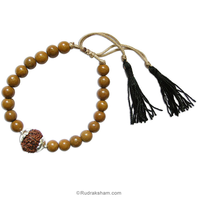 5 Mukhi Rudraksha Bead with Yellow Camel Agate / Hakik Gemstone Mala Bracelet | Five Mukhi Nepal Bead with Silver Caps 