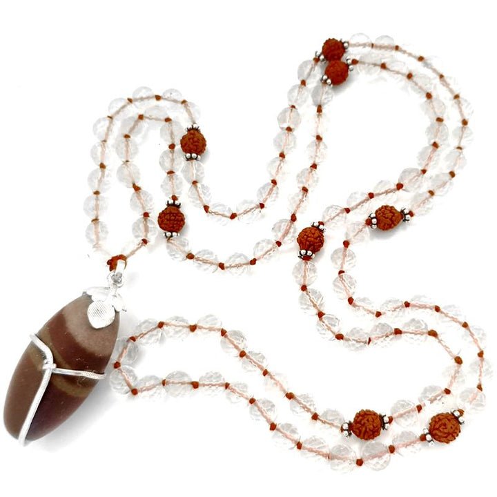 Rudraksha Beads - Sphatik / Crystal / Quartz Diamond cut Beads with Narmadeshwar silver Snake Pendant Handknotted Mala Necklace