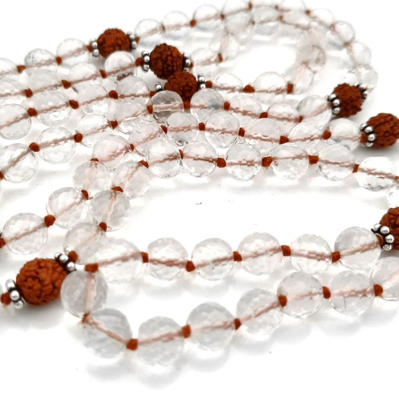 Rudraksha Beads - Sphatik / Crystal / Quartz Diamond cut Beads with Narmadeshwar silver Snake Pendant Handknotted Mala Necklace