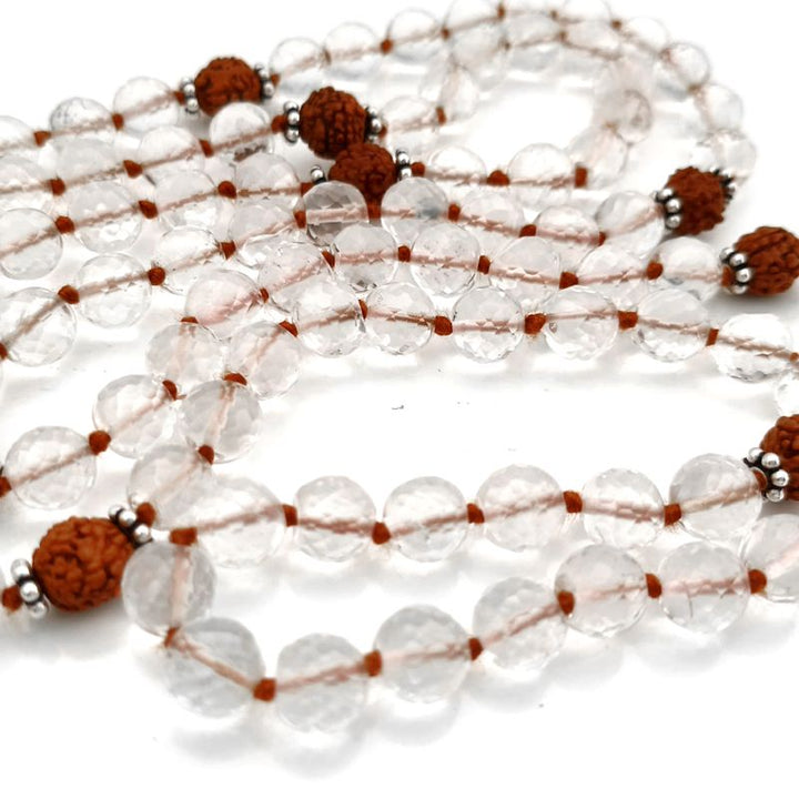 Rudraksha Beads - Sphatik / Crystal / Quartz Diamond cut Beads with Narmadeshwar silver Snake Pendant Handknotted Mala Necklace