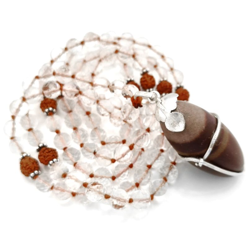 Rudraksha Beads - Sphatik / Crystal / Quartz Diamond cut Beads with Narmadeshwar silver Snake Pendant Handknotted Mala Necklace