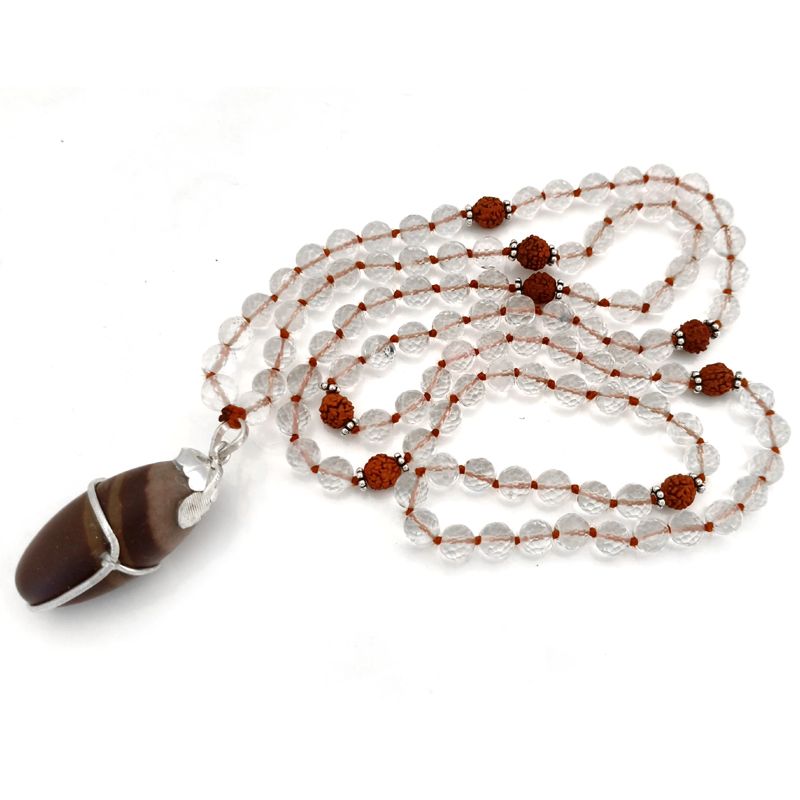 Rudraksha Beads - Sphatik / Crystal / Quartz Diamond cut Beads with Narmadeshwar silver Snake Pendant Handknotted Mala Necklace