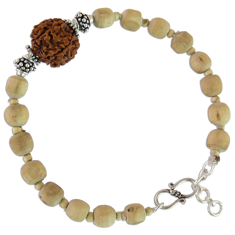 6 Mukhi Rudraksha Armlet with Tulsi Beads ( Basil Seeds ) | Six Mukhi Rudraksha Bead Silver Armlet | 6 Mukhi Rudraksha & Tulasi Beads Arm Bracelet with Silver Accessories