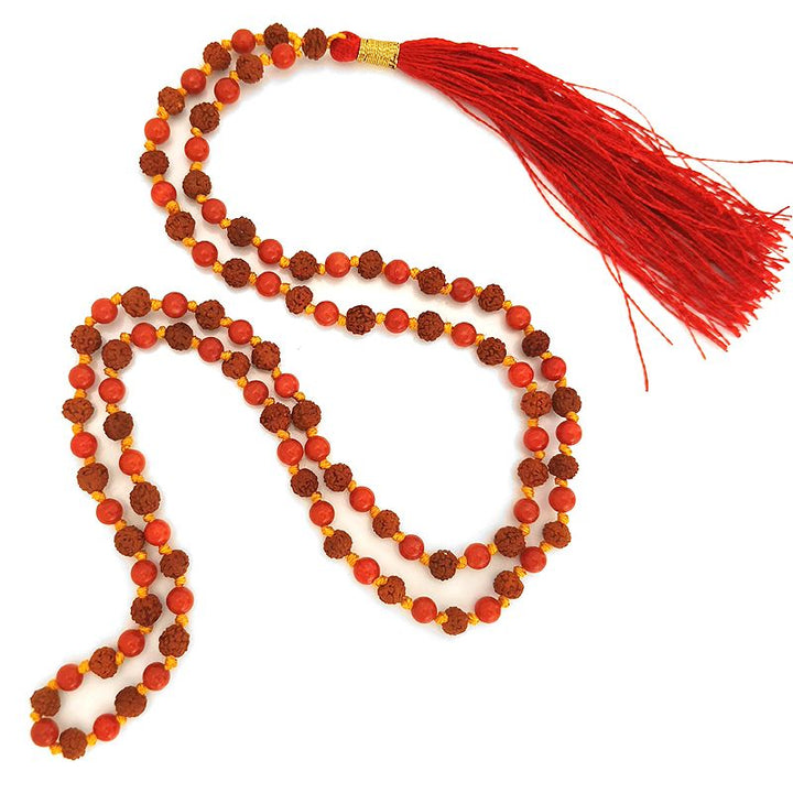 5mm Rudraksha Coral Mala | Rudraksha Moonga Combination Mala Necklace for Planet Mars | Rudraksha Munga Round Beads Japa Mala Rosary