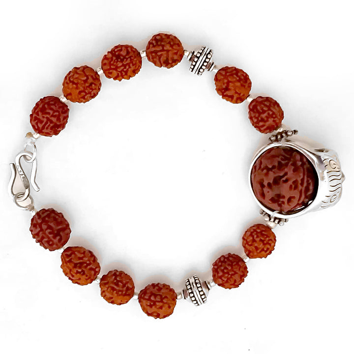5 Mukhi Rudraksha Bracelet with Skull Ring and Silver Accessories, Silver Skull Ring Bracelet