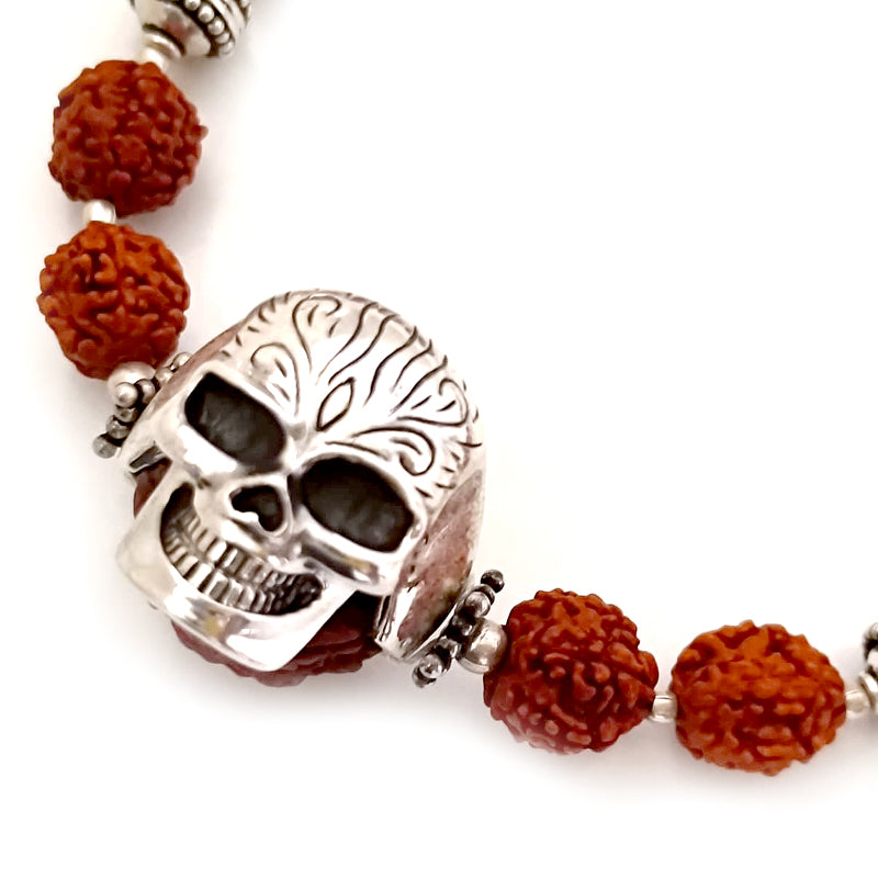 5 Mukhi Rudraksha Bracelet with Skull Ring and Silver Accessories, Silver Skull Ring Bracelet
