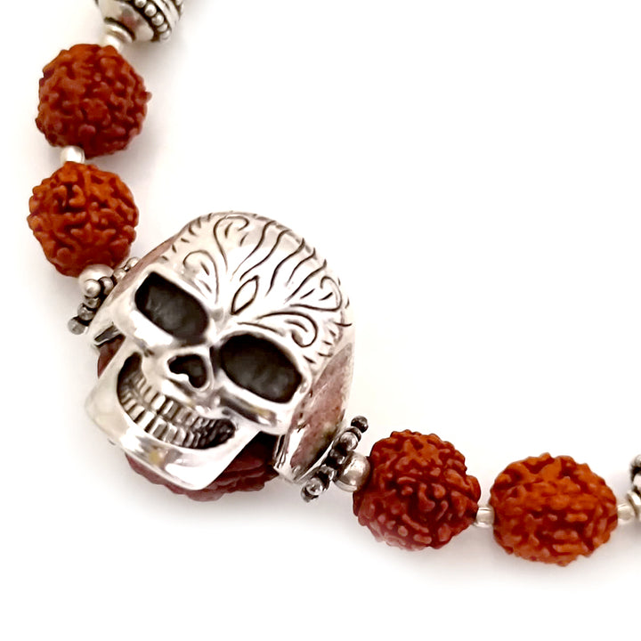 5 Mukhi Rudraksha Bracelet with Skull Ring and Silver Accessories, Silver Skull Ring Bracelet
