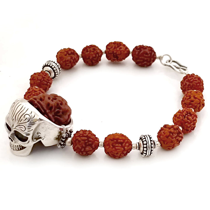 5 Mukhi Rudraksha Bracelet with Skull Ring and Silver Accessories, Silver Skull Ring Bracelet