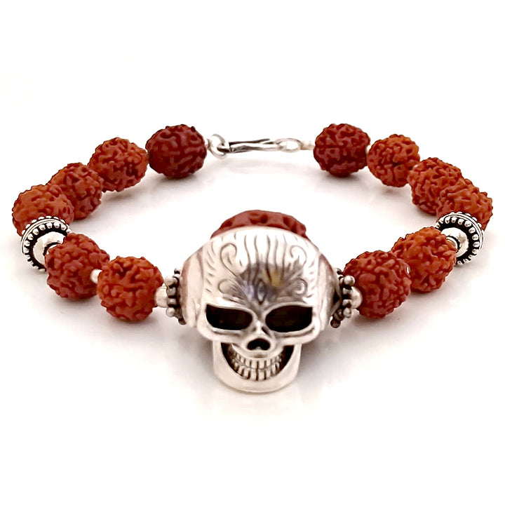 5 Mukhi Rudraksha Bracelet with Skull Ring and Silver Accessories, Silver Skull Ring Bracelet