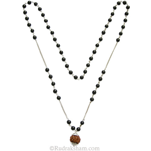 Natural Black Agate ( Kali Hakik ) 54 Beads Mala Necklace with Silver Chain | Black Hakik Smooth Round Beads Necklace with 5 Mukhi Rudraksha Silver Pendant