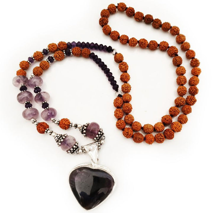 Amethyst and Rudraksha Beads Necklace | Amethyst Button Beads, Rudraksha Necklace with Silver Accessories and an Amethyst stone Heart Pendant