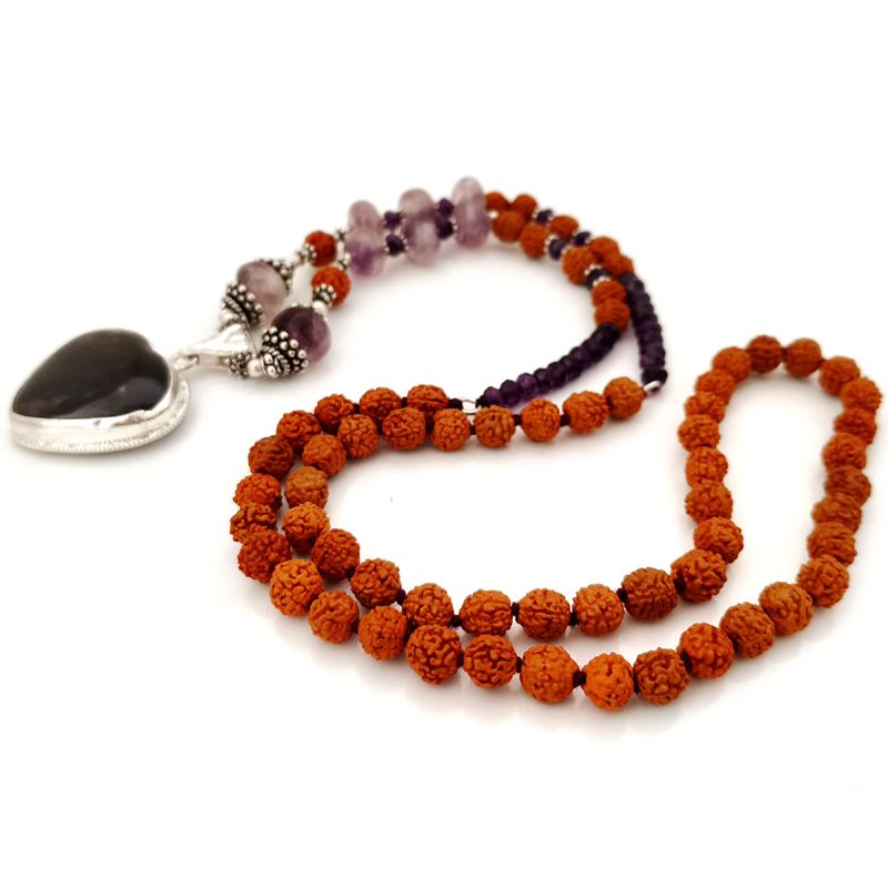 Amethyst and Rudraksha Beads Necklace | Amethyst Button Beads, Rudraksha Necklace with Silver Accessories and an Amethyst stone Heart Pendant