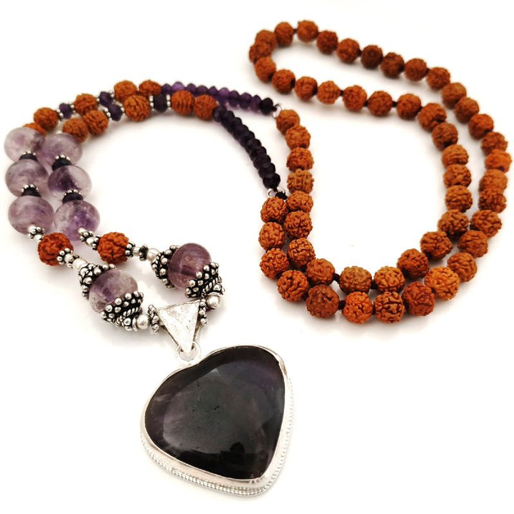 Amethyst and Rudraksha Beads Necklace | Amethyst Button Beads, Rudraksha Necklace with Silver Accessories and an Amethyst stone Heart Pendant